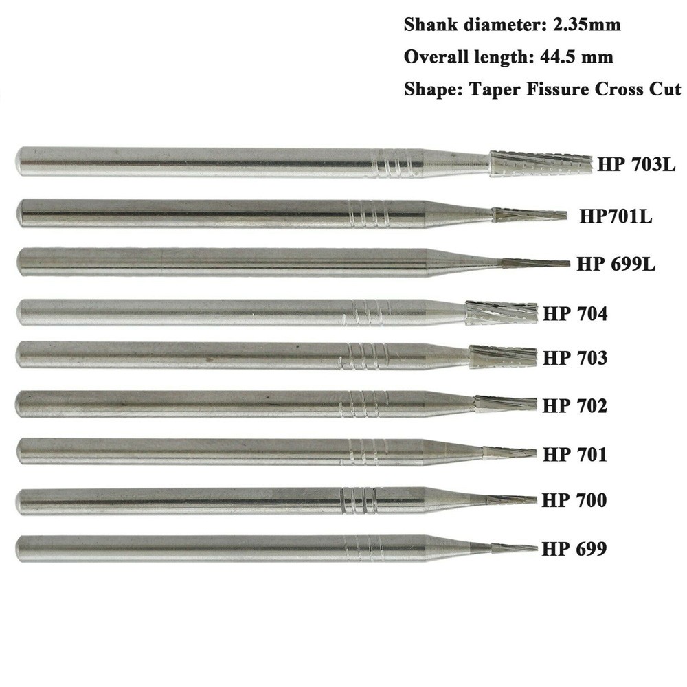 thumbnail interactive-video image 1 of 100pc Dental Carbide Burs FG #699L – Tapered Fissure Crosscut, High Speed, Friction Grip, USA 1 of 1
